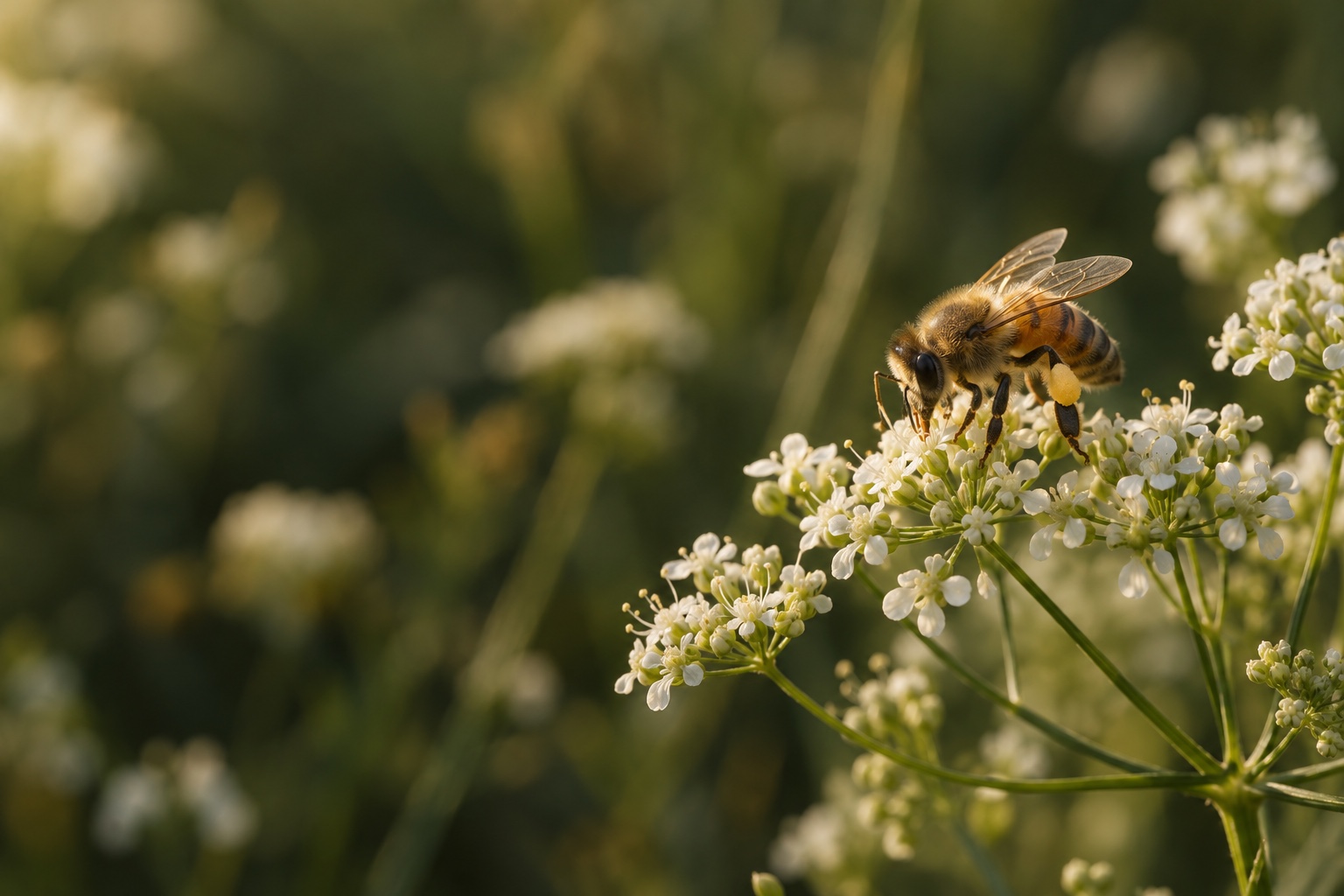 Eine Honigbiene auf zarten weißen Blüten vor einem weich gezeichneten grünen Hintergrund