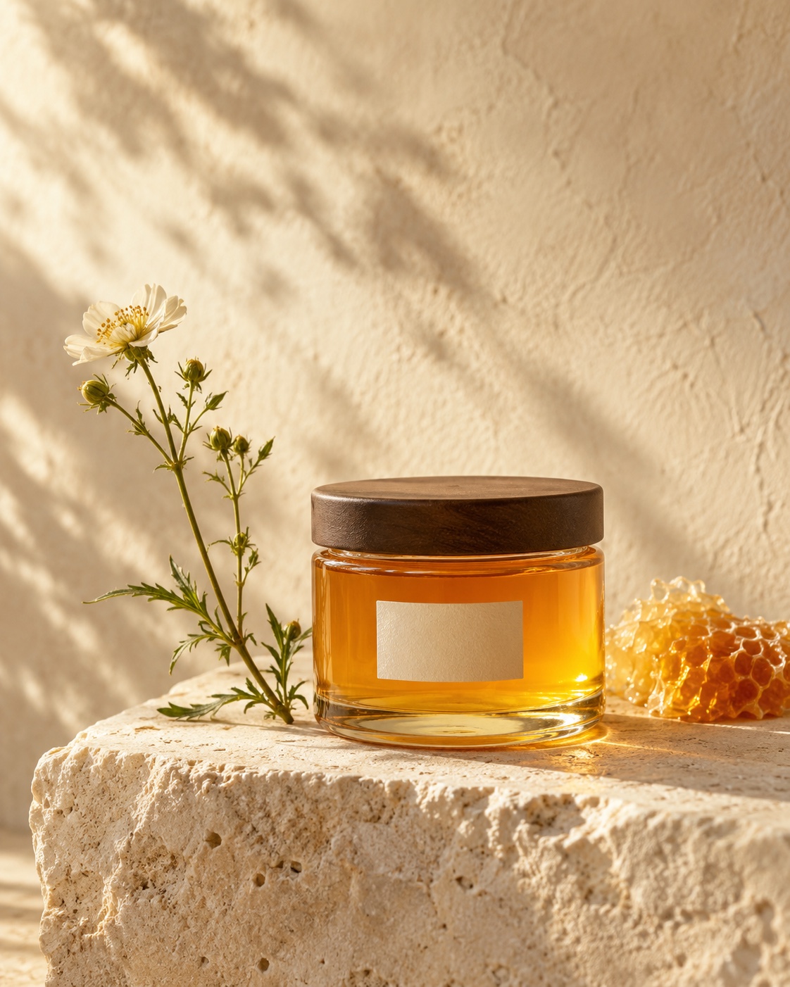 Goldener Honig in einem Glas auf hellem Naturstein, mit einer Blüte und einer Honigwabe — Markenvisualisierung